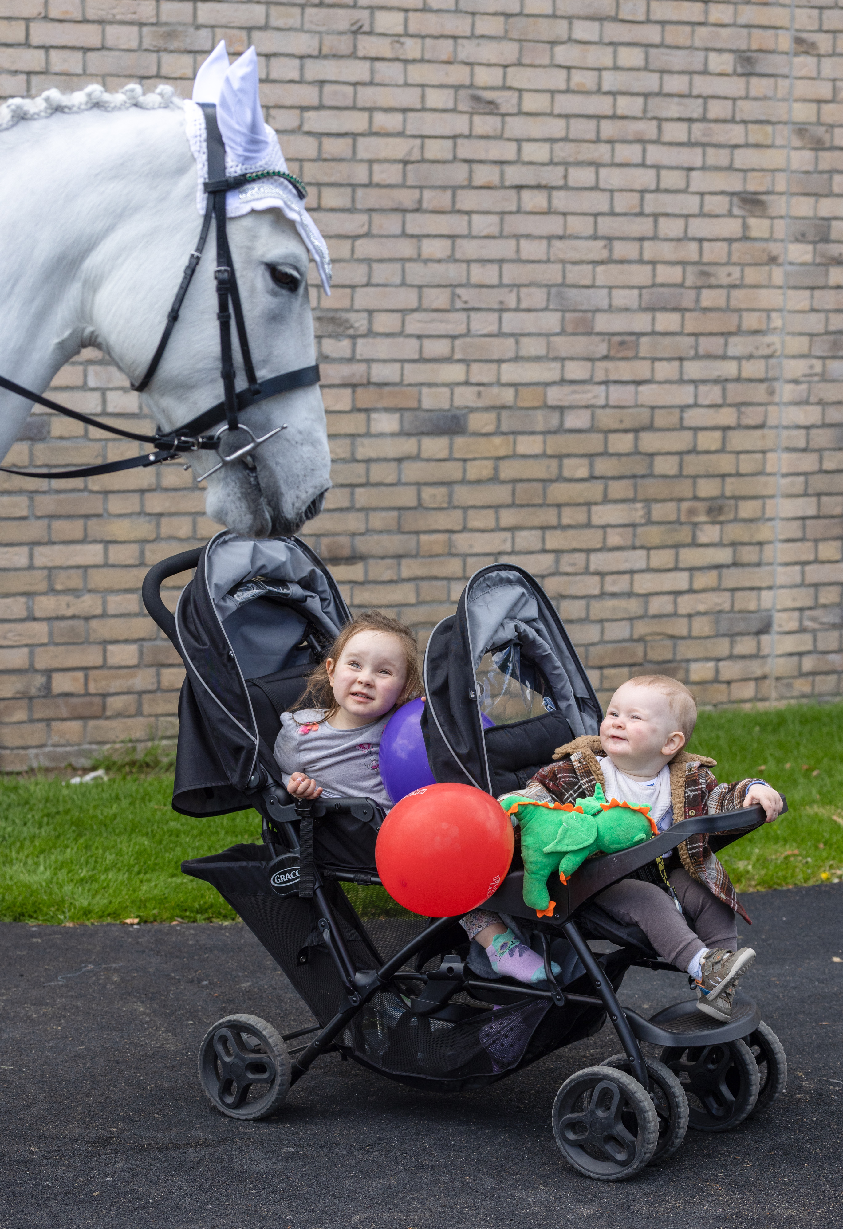 Two children smiling at a horse. 